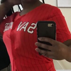 Red pinstripe short set!!! 🔥